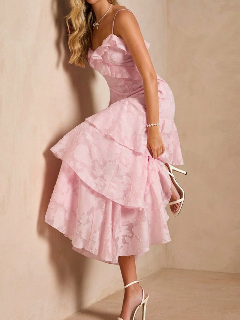 Pink Elegant Women's Romantic Cutout Patchwork Ruffle Slip Dress - Picture 7 of 7